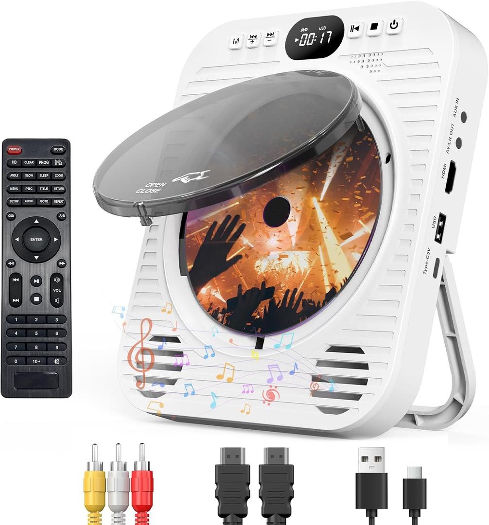 Mini CD DVD Player for TV - Portable Bluetooth CD DVD Player with HDMI & AV Cables, Built-in Speakers, USB/AUX Playback, 1080P Upscaling, Wall-Mountable Compact Desktop Player for Home, White