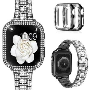 Mosonio Compatible with Apple Watch Band 44mm with Case Women, Bling Metal Wristband Strap with 2 Pack Bling PC Protective Cover for iWatch SE Series 6/ 5/ 4(44mm, Black)