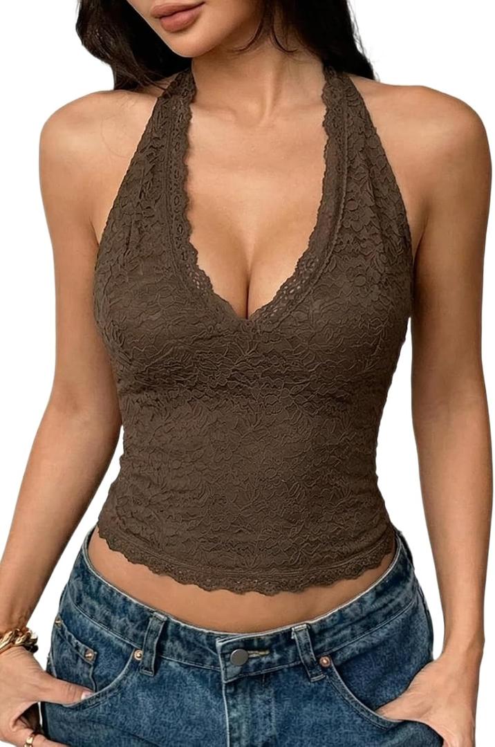 QINSEN Women's Lace Halter Top V Neck Tie Back Double-Layer Tank Top Backless Sleeveless Slim Fit Going Out Shirts (Brown, S)