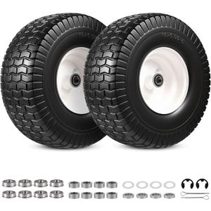 2 Pack 15x6.00-6 Flat Free Lawn Mower Tire and Wheel, 15x6-6nhs Riding Mowers Lawn Tire and Wheel with 3/4" & 5/8" Bearing, 3" Centered Hub