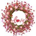 LLZLL Valentines Day Wreath Decor, 22inch Artificial Pink Wreath with Tulip Berry Green Leaf Element, Valentines Wreaths for Front Door Wedding Anniversary Party Candlelight Dinner Decorations