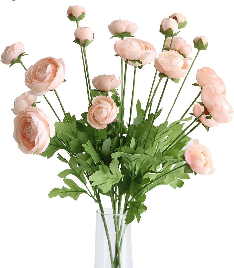 Htmeing 5Pcs Artificial Ranunculus Flower Silk Flowers Persian Buttercup for Home Wedding Decoration Floral Creation Flower Arrangement DIY Project (Champagne)