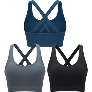 RUNNING GIRL Sports Bra for Women High Support, Criss-Cross Back Padded Strappy Sports Bras Yoga Bra with Removable Cups (Small, 1-Black+Grey+Dark Blue)
