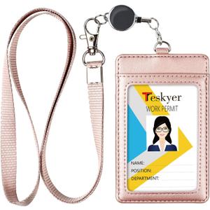 Teskyer Leather Badge Holder with Lanyard and Badge Reel, Retractable Lanyard ID Card Holder for Office School Name Work IDs, Rose Gold