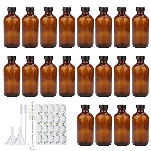 Maredash 8oz Amber Glass Bottles, 10 Pack Glass Storage Bottles with Black Lids (Brown, 20 Labels, with Funnels, Droppers and Brush)