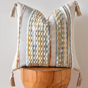 AmHoo Chenille Striped Textured Boho Throw Pillow Covers Aesthetic with Tassels Woven Decorative Pillow Case for Couch Bed Sofa Bedroom Modern Funky 18 x 18-Inch Grey