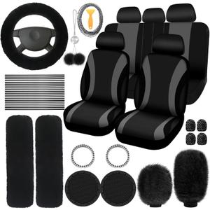ROCEEI 43 Pcs Fuzzy Black Car Seat Cover Full Set for Women Christmas Plush Car Accessories Fluffy Steering Wheel Cover Front Rear & Belt Handbrake Shift Accessory for Winter
