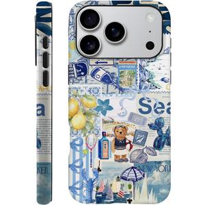 Case Compatible with iPhone 17 Pro,Scratch Resistant Hybrid 2-Layer Hard Shell Phone Case,Coastal Collage Summer