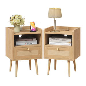 Night stand Set of 2, Bedside Tables with Charging Station, Rattan End Tables, Boho Bed Side Tables, Wood Nightstands set of 2 for Kids' Room Farmhouse Bedroom Living Room Dorm Sofa Couch (Natural)