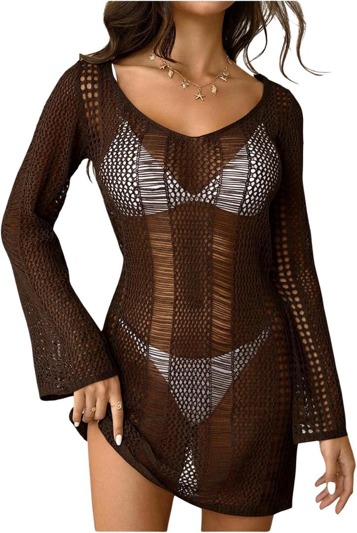 Floerns Women's Crochet Cover Up Long Sleeve Hollow Out Bikini Swimsuit Beach Cover Up Swimwear (Brown), S
