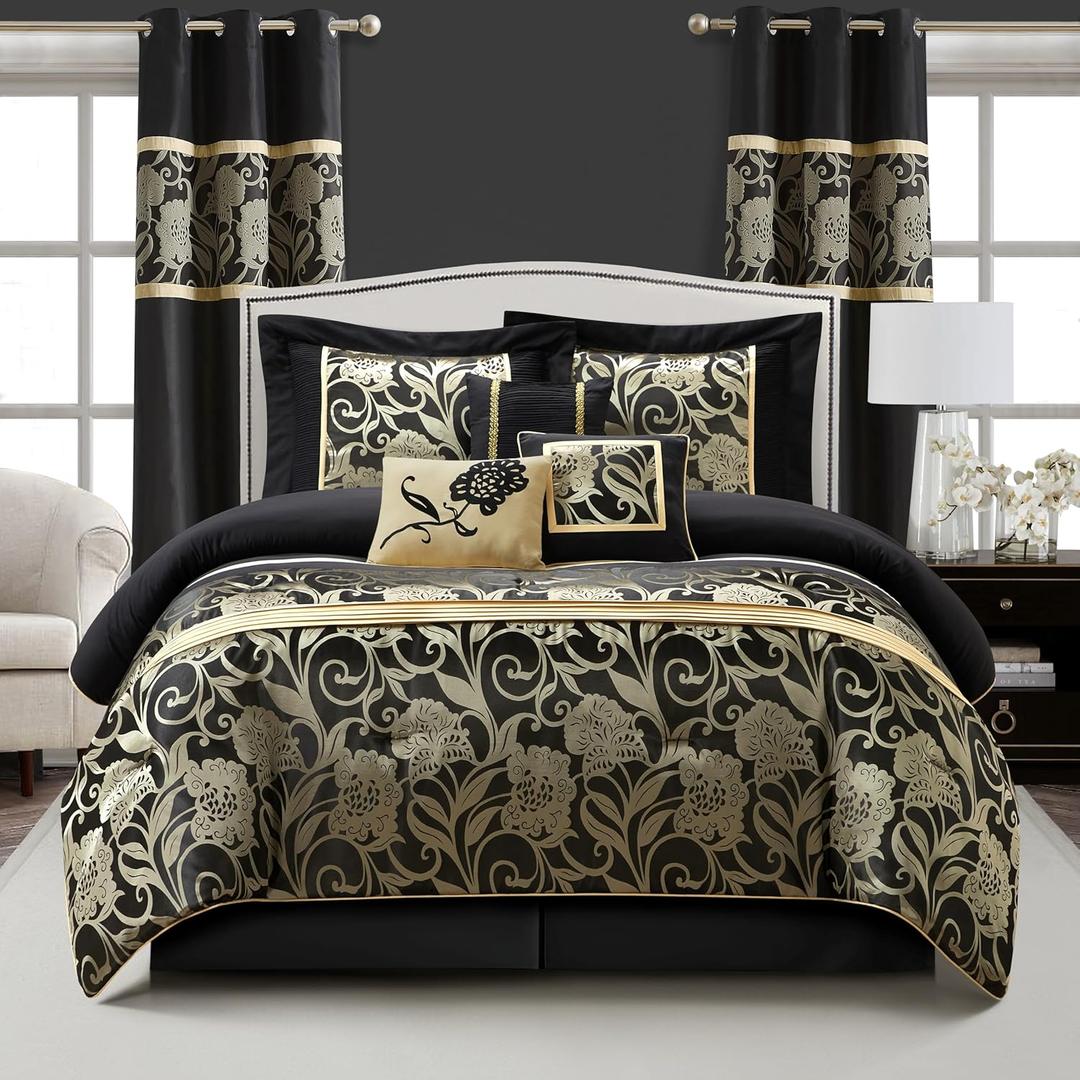 Stratford Park Black and Gold Comforter Set King Size, 9 Piece Jacquard Floral Bedding Set, All Season, Ultra-Soft, Matching Pillows & Shams, Bed Skirt, Curtains