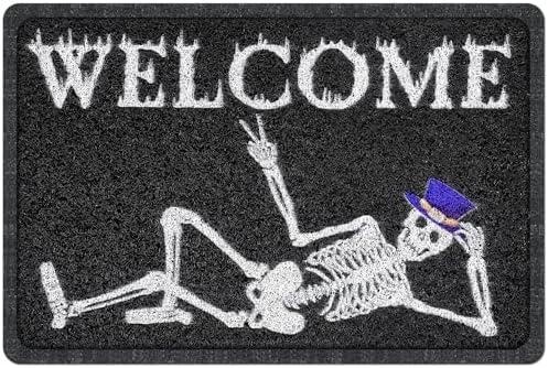 Reallnaive Halloween Door Mat 24 x 16 Inch Halloween Welcome Skull Door Mat Outdoor Non Slip Black Rug Skeleton Skull Doormat Entrance Rugs for Holiday Decoration