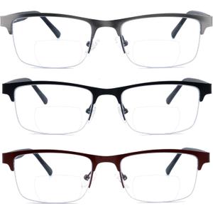 3 Pack Bifocal Reading Glasses for Men Metal Half Frame Bi-focal Readers Clear Top Far/Near Dual-use Eyeglasses,Black/Brown/Gun metal, +1.50