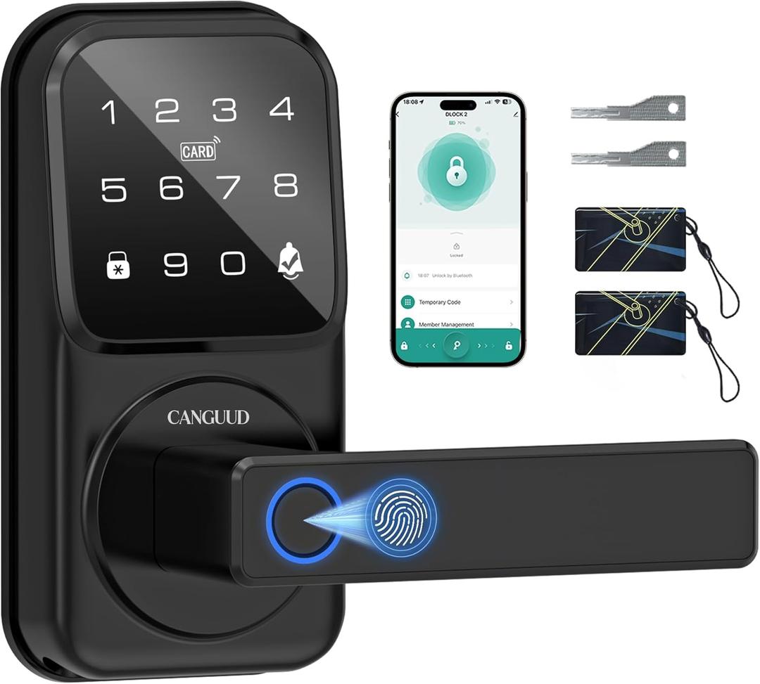 Smart Door Lock with Handle - Keyless Entry Door Lock for Front Door, Touchscreen Keypad Door Knob Lever Lock, Fingerprint Door Handle Lock, Auto Lock, App Control, Easy Installation