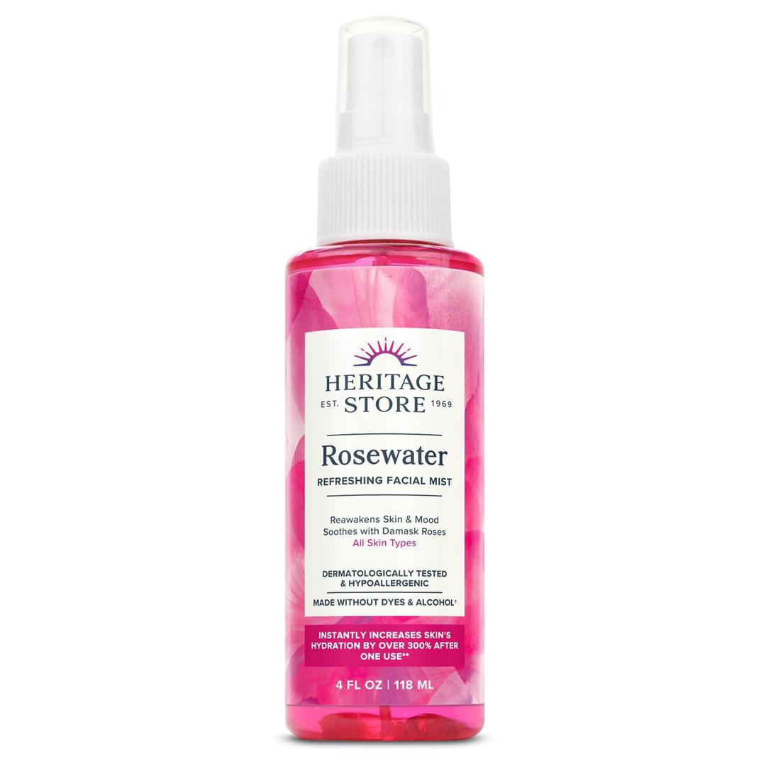 HERITAGE STORE Rosewater - Refreshing Face Mist with Damask Rose, All Skin Types - Hydrating Rose Water Spray for Glowing Skin Care - No Dyes or Alcohol, Hypoallergenic, Vegan, 4oz (4 Fl Oz (Pack of 1))