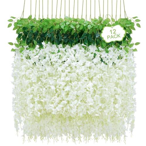 Siyaluens 12Pcs Artificial Wisteria Hanging Flowers, 3.6Ft/Pcs White Fake Wisteria Garland for Wedding Party Home Garden Indoor Outdoor Decoration