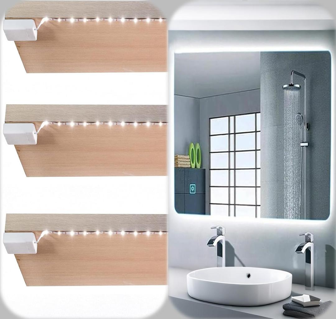 L8star Battery Powered LED Strip Lights, 3.28ft x 3 Pack(9.8ft),6000K White Strip Light with 3 AA Battery Box, 90 LED Strip Lights for Kitchen Under Cabinet Lighting, Shelves, Under Counter