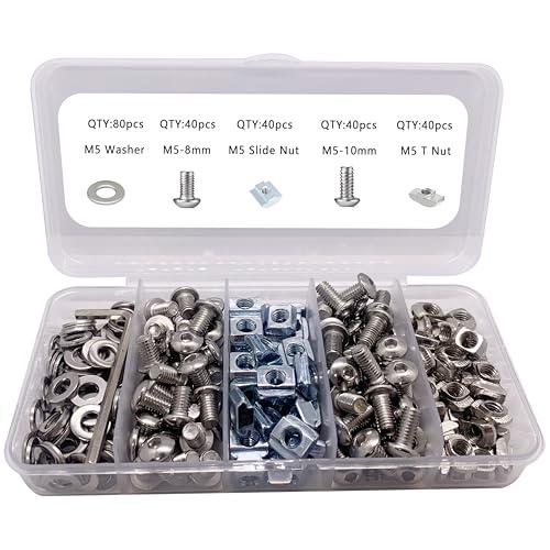 200pcs M5 T-Nuts Screws Kit for 2020 2040 8020 Series Aluminum Extrusion,40Pcs M5x10,40Pcs M5x8 Hexagon Socket Screws,40Pcs M5 T Sliding Nut,40Pcs M5 T Nut,40Pcs Washers