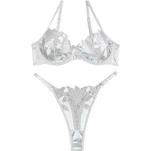 Lilosy Sexy Satin Mesh Floral Sheer Embroidered Underwire Lingerie Set 2 Piece Women (Small, White)
