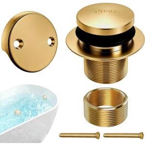 Tub Drain Tip-Toe Trim Set with Two-Hole Overflow Faceplate,Bath Tub Drains Conversion Kit with Universal Fine/Coarse Thread,Brushed Gold Replacement Bathtub Drain Stopper Assembly
