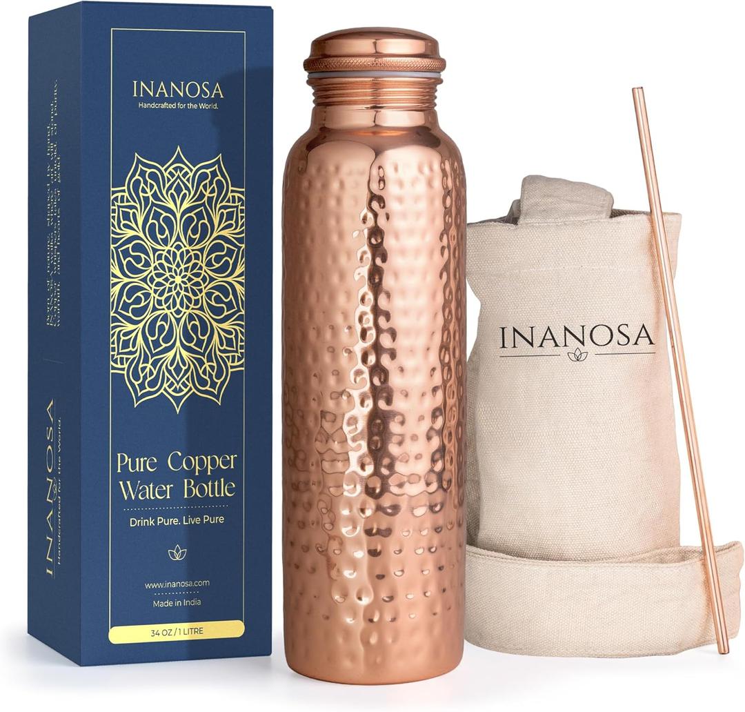 Pure Copper Water Bottle 34 oz – 100% Authentic Uncoated Hand-Hammered Finish – Leakproof Ayurvedic Joint-Free Heavy Duty Reusable Flask for Gym, Home & Travel