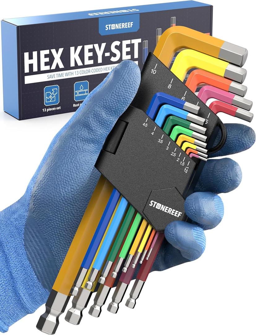 13-Piece Metric Allen Key Set – Long Arm Hex Wrench Set (0.7 mm to 10 mm) – Chrome Vanadium Steel – Ball End L-Shaped Hex Keys for Furniture, Bikes & Machinery