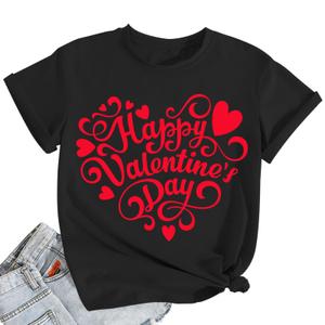 qdl Valentine's Shirts for Women - Cute Heart Short Sleeve Tee Valentine's Day Blouse Top (Black, L)