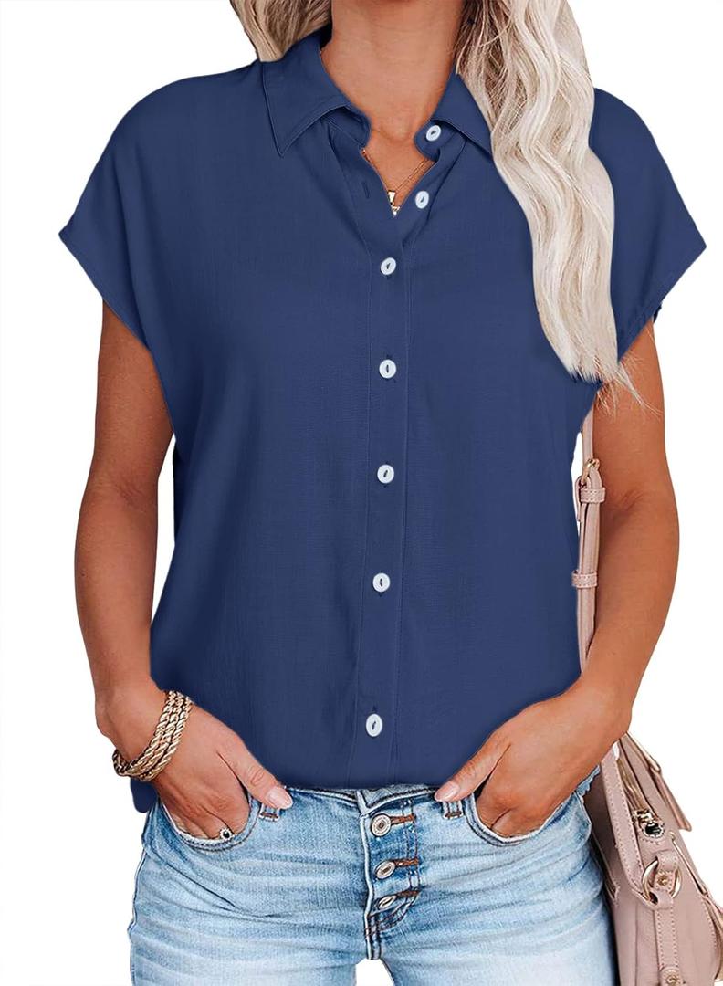 Womens Work Blouses Cap Sleeve Button Down Tops V Neck Collared Casual Business Plain Basic Summer Shirts (Large, Blue)