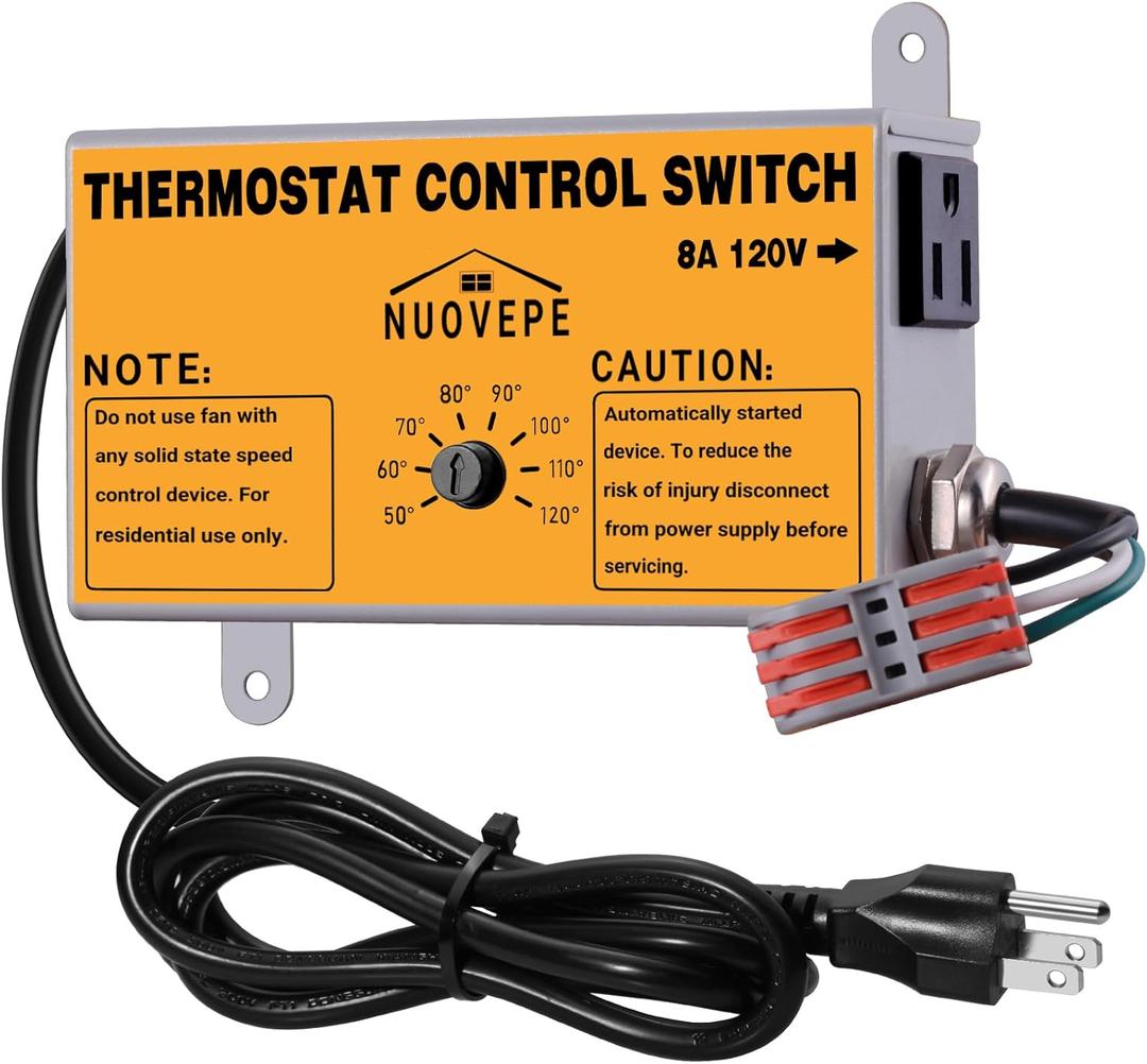 Attic Fan Thermostat Control with Socket & Wire Connector, Adjustable Plug-in Thermostat with Overload Protection, Dual-Fan Compatible Controller for Greenhouse, Workshop, Garage, Vent Fan (1 Pack)