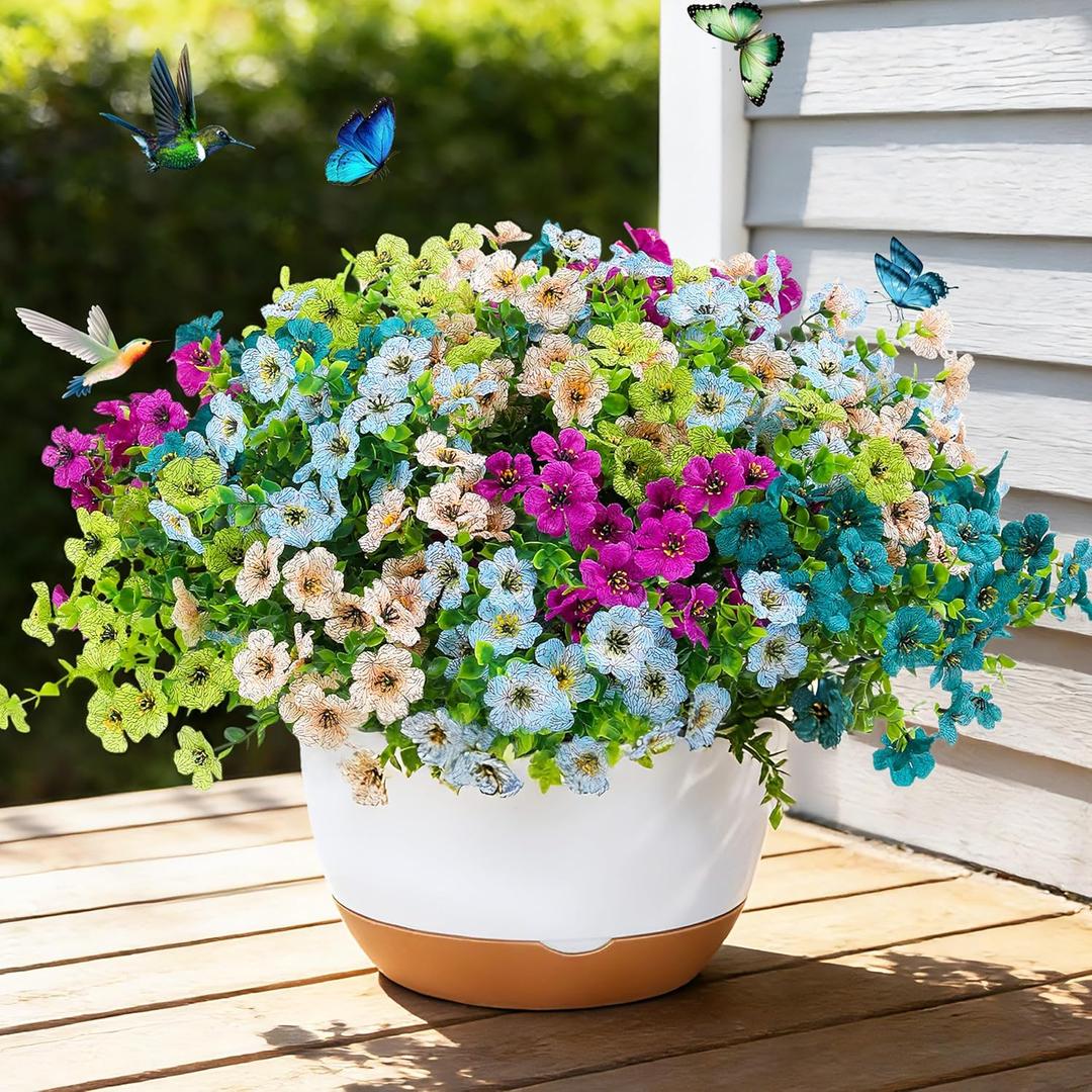 Faux Artificial Plants Flowers for Outdoor Planters Spring Summer Decor 16 Bundles Fake Eucalyptus Silk Daisy UV Resistant Realistic Used for Outside,Home,Front Porch,Patio,Yard Decorations (Mix Blue-Rose-Teal-Green-Champagne)