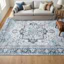 8x10 Washable Area Rug for Living Room, Large Vintage Distressed Bedroom Rug, Non-Slip, Low Profile & Oeko-TEX Safe for Crawling Toddlers & Pets, Stain Resistant Under Table Rug, Light Blue
