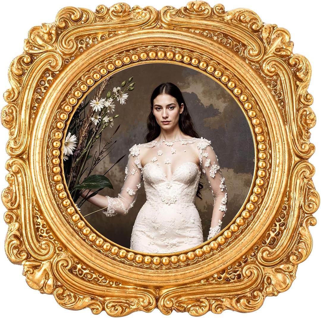 3.5 x 4.1 Inch Vintage Round Picture Frame, Mini Antique Ornate Gold Photo Frame for Tabletop and Wall Display, Retro Home Decor, Fashioned Photo Gallery Art Decorative