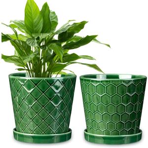EFISPSS 6 Inch Plant Pot,Ceramic Pots for Plants with Drainage,Flower Pots Indoor Pots for Plants, Modern Flower Pots for Home and Office,Set of 2 - Patina (Green)