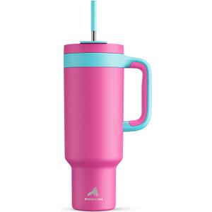 POWCAN 50 oz Tumbler with Handle, 2-in-1 Straw and Sip Lid, Leakproof, Dishwasher Safe, Insulated Stainless Steel Travel Coffee Mug, Keeps Cold for 34 Hours, Fits in Car Cup Holder (Petal)