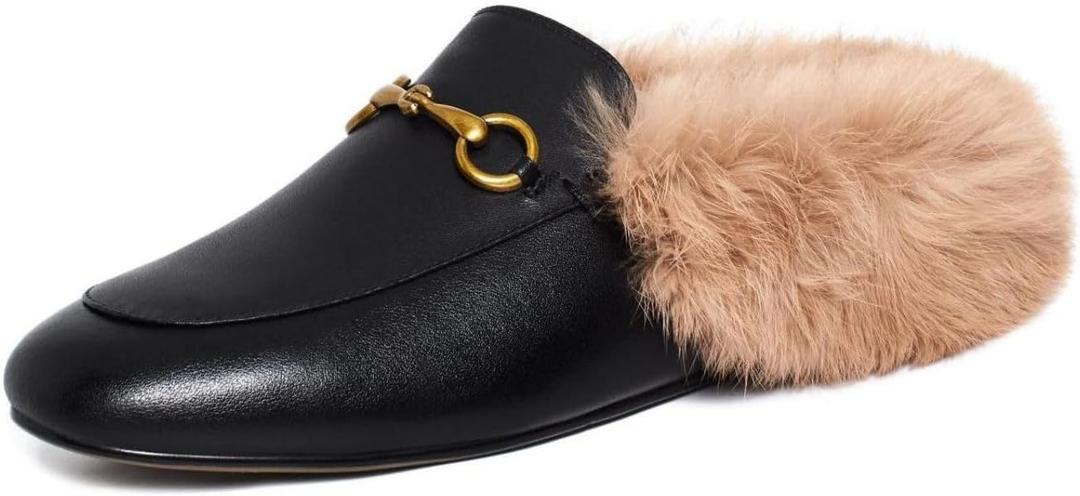 Vertundy Fur Mules with Metal Buckle Slip On Flats for Women Backless Sandals Dress Shoes Work Slides, Size 10
