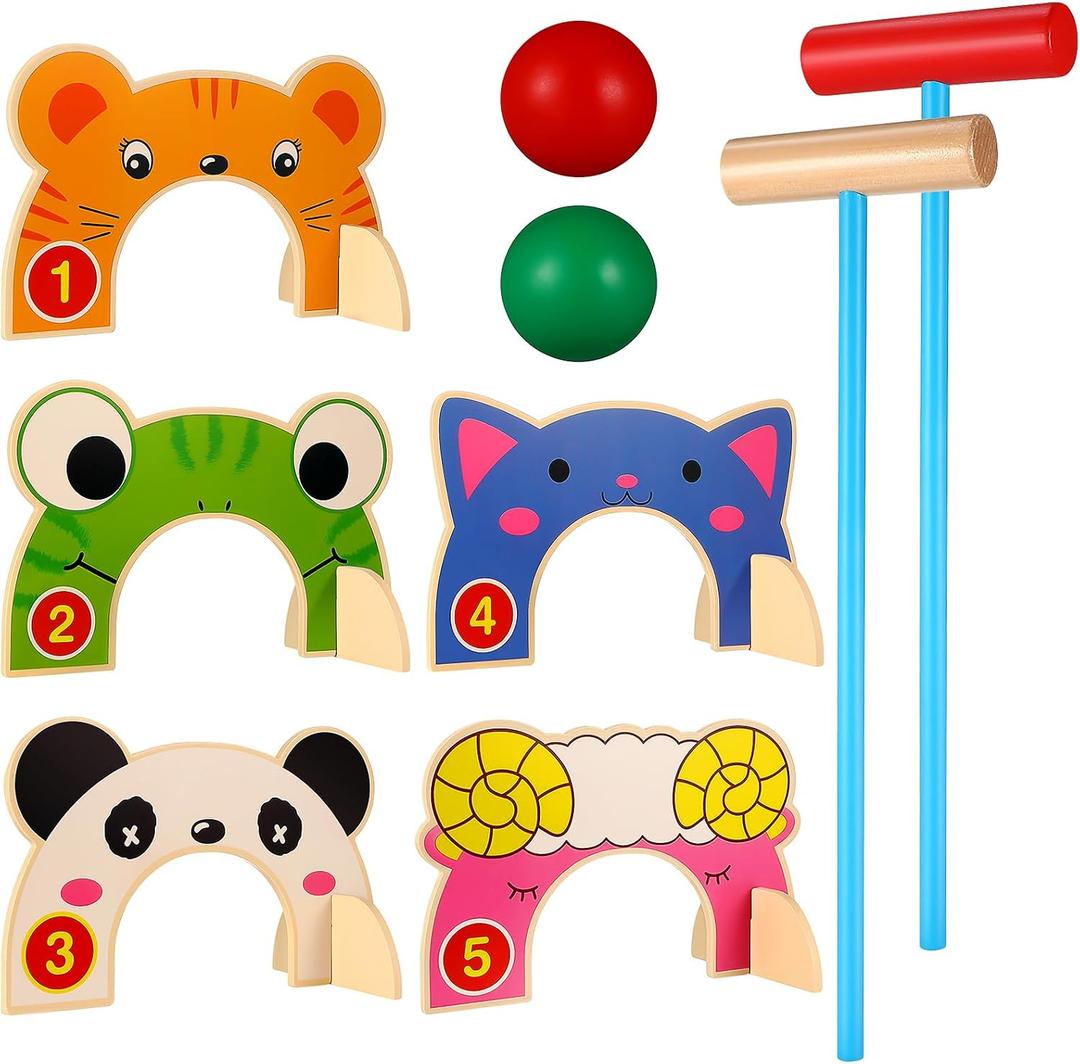 Toddmomy Animal Wooden Croquet Set for Kids - Complete Family Indoor Outdoor Game with 5 Animal Wickets & 2 Mallets - Safe Educational Learning Toy & Gift for Toddlers Boys Girls 3-6, 40X8CM