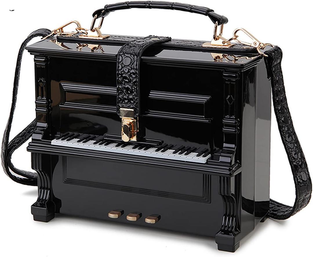 Piano Shaped Purse Handbag Women Crossbody Shoulder Bag Acrylic Unique Novelty Box Shaped Piano Purse Top Handle Clutch Bag (Black)