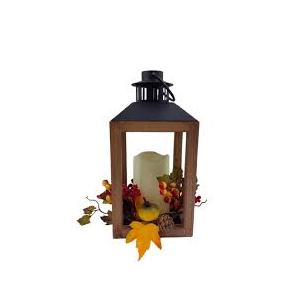 Wood Lantern with Faux Succulents and LED Candle Centerpiece,