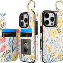 HAOPINSH for iPhone 16 Pro Wallet Case with Card Holder, Floral Flower Print Back Flip Folio PU Leather Kickstand Card Slots Case, Finger Grip Ring Double Magnetic Clasp Shockproof 6.3"