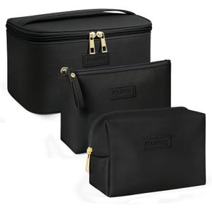 MAANGE Makeup Bag - Large Cosmetic Bag with 2pcs Small Makeup Bags Portable Leather Travel Makeup Bag Set Toiletry Bag Make Up Bags for Women and Girls (Black)