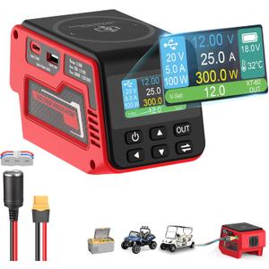 300W Voltage Regulator Compatible with Milwaukee 18V Battery (Battery Not Included), 230V Adjustable DC Output, 100W Type-C PD Fast Charging, 15W Wireless Charger (Red)