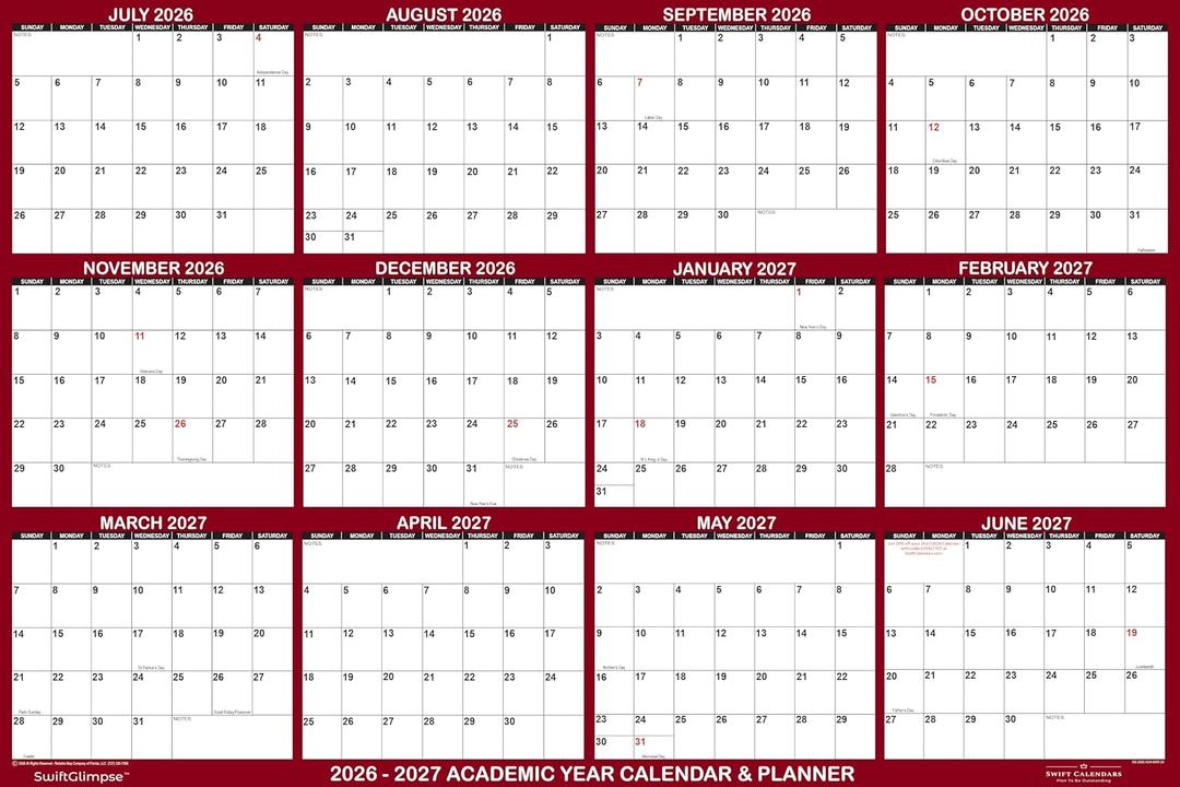 32" x 48" SwiftGlimpse 2026-2027 Academic Wall Calendar Dry Erase Erasable, XLarge, Wet & Dry Erase Laminated, Yearly Planner, JULY 2026 to JUNE 2027 ONLY