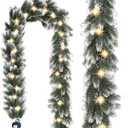 Pre Lit Snow Flocked Christmas Garland 6 ft Artificial Christmas Garland with Warm White 30 LED Light and Timer Frosted Faux Pine Winter Garland for Home Indoor Outdoor Mantel Seasonal Decor