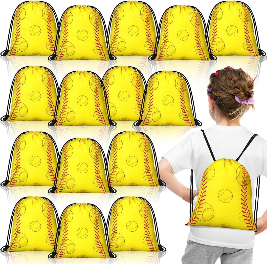 Woanger 24 Pcs Drawstring Softball Baseball Soccer Party Favor Bags Goodie Candy Treat Gift Snack Bags for Team Sport Ball Theme Birthday Party Supplies (Softball)