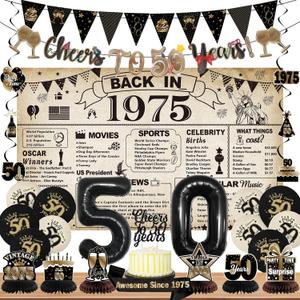 DARUNAXY 50th Birthday Party Decorations for Men Women, Vintage Back in 1975 Banner, Black 50 Number Balloons & Cake Topper, Vintage 1975 50 Birthday Honeycomb Hanging Swirl Confetti Balloons(28PC)