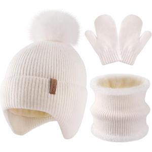 HONGTEYA Toddler Winter Hat Gloves Scarf Set, Kids Baby Beanie Hat Neck Warmer Mittens Fleece Lined Set (6-24 Months, White)