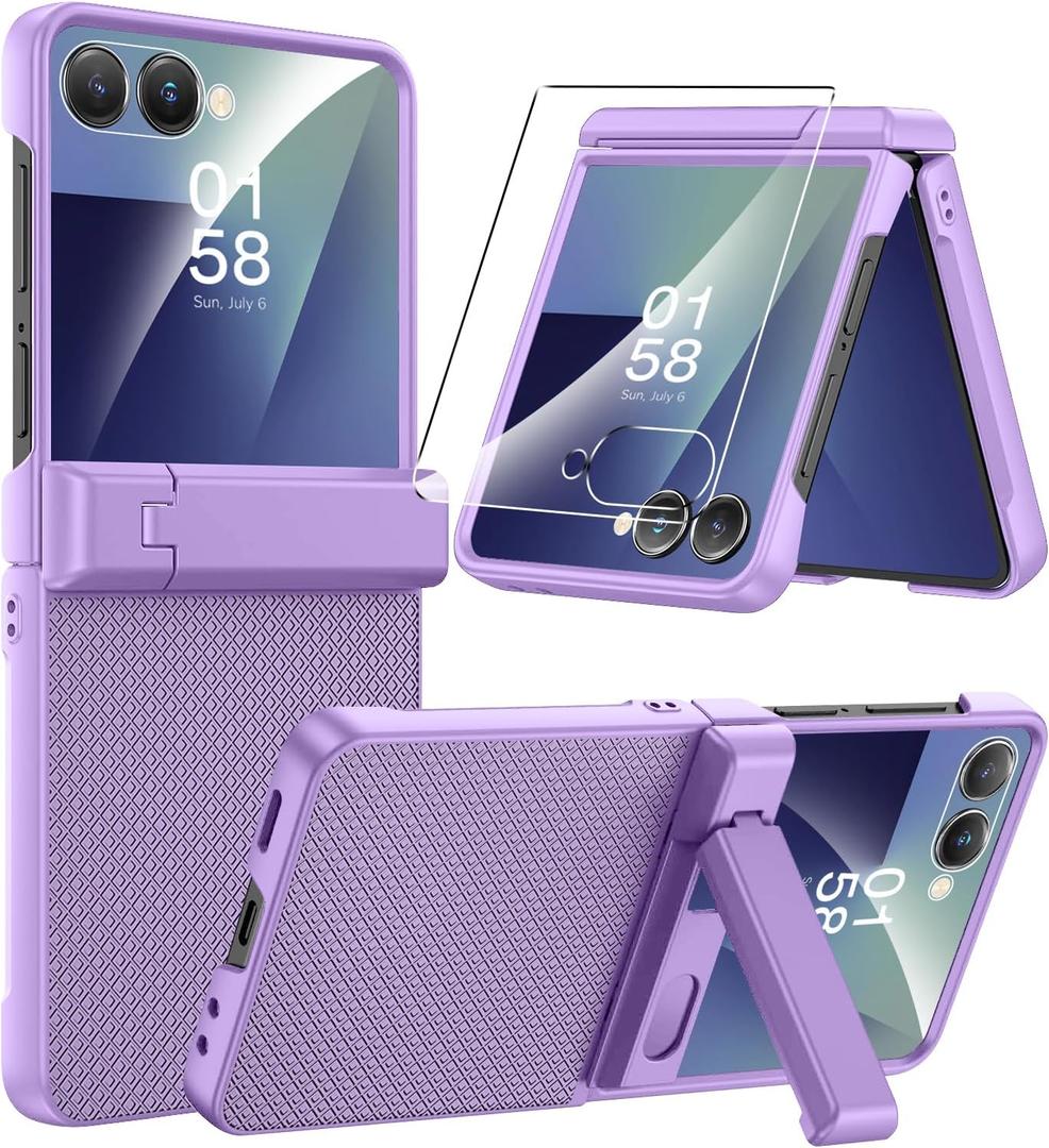 Miimall for Samsung Z Flip 7 Slim Case with Hinge Protection, Kickstand and Tempered Glass, Matte Texture Grip Sturdy Dust Proof Anti-Slip Ultra Thin Full Cover for Galaxy ZFlip7 5G Phone Case Purple