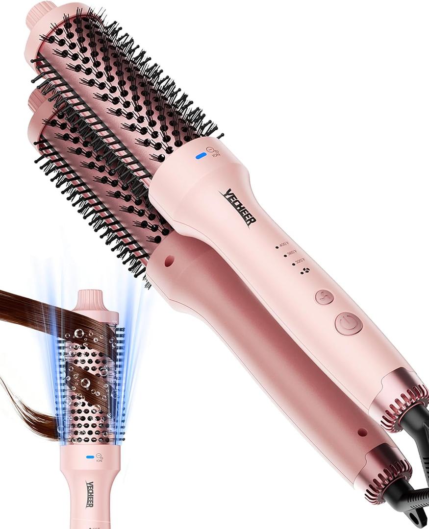 Thermal Brush for Blowout Look, 1.5 Inch Heated Round Brush with 2 Negative Ions Release for Less Frizzy, Dual Voltage Heated Curling Brush for Travel, Airflow Heat & Dual PTC Technology, Pink