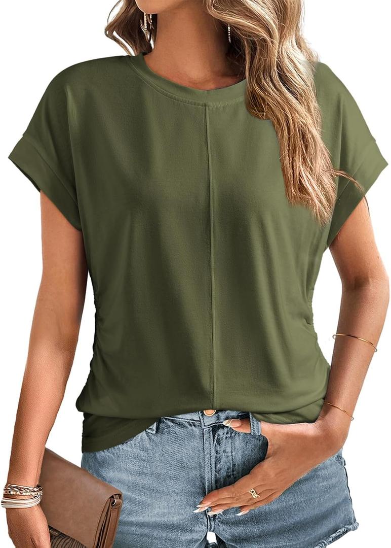 Dokotoo Spring Tops for Women 2025 Cap Sleeve Side Ruched Summer Tops for Women Trendy Women Clothing (S)