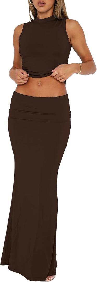 Skirt Sets Women 2 Piece Outfits - Sexy Two Pc Sleeveless Tank Crop Top Fold Over Maxi Long Skirts (Small, Dark Brown)